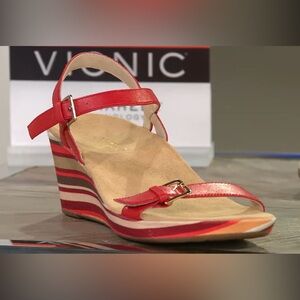 Vionic w/ Orthaheel Leather Ankle Strap Wedges - Enisa Red Size 7